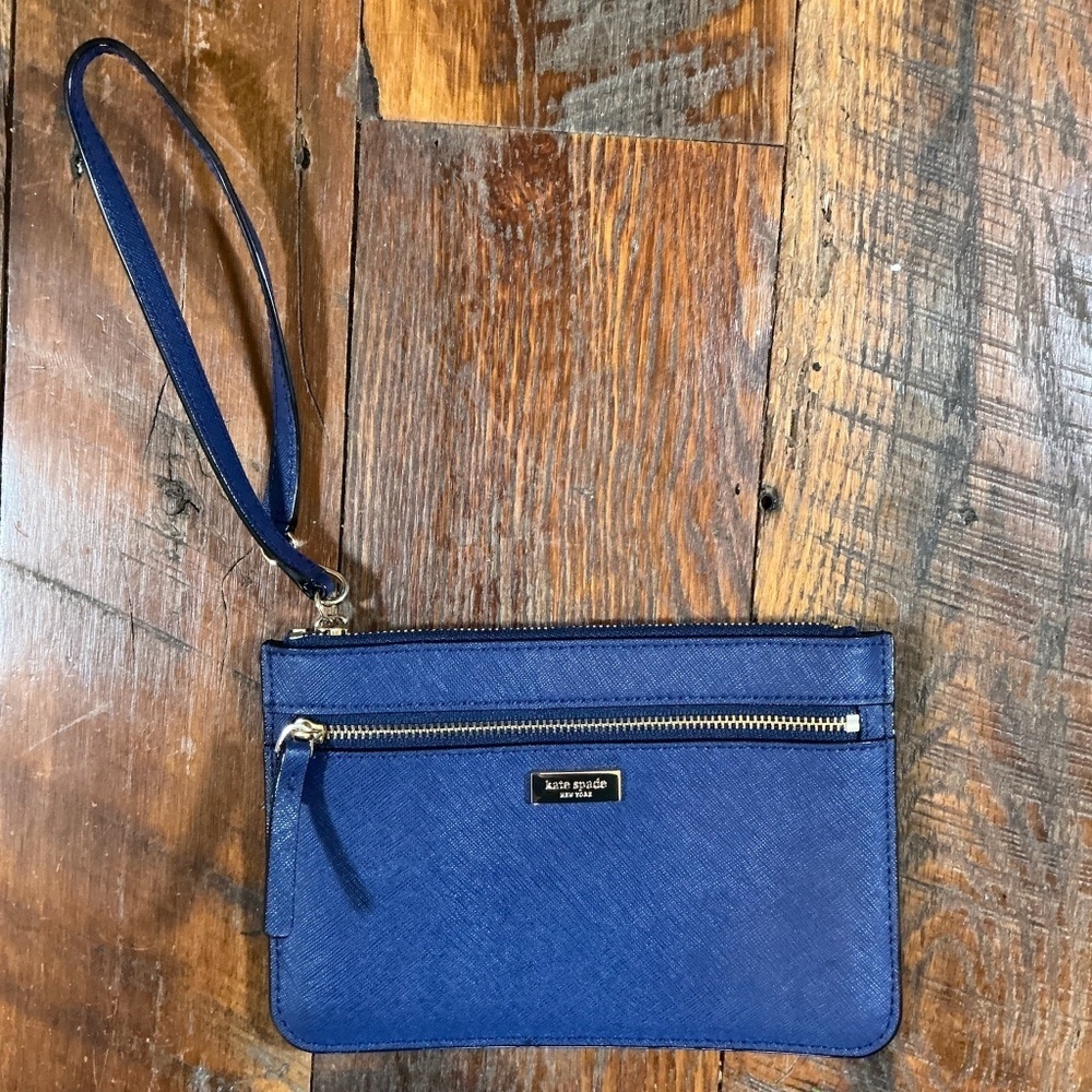Kate Spade New York Blue Saffiano Leather Zip Wristlet Clutch